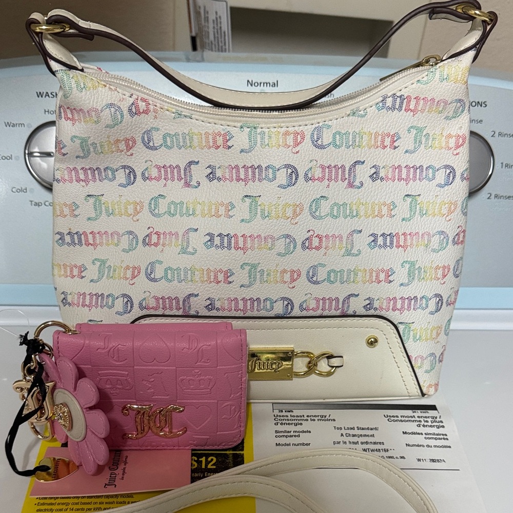 Juicy Couture Cream Multicolor Logo Shoulder Bag with Pink Wallet